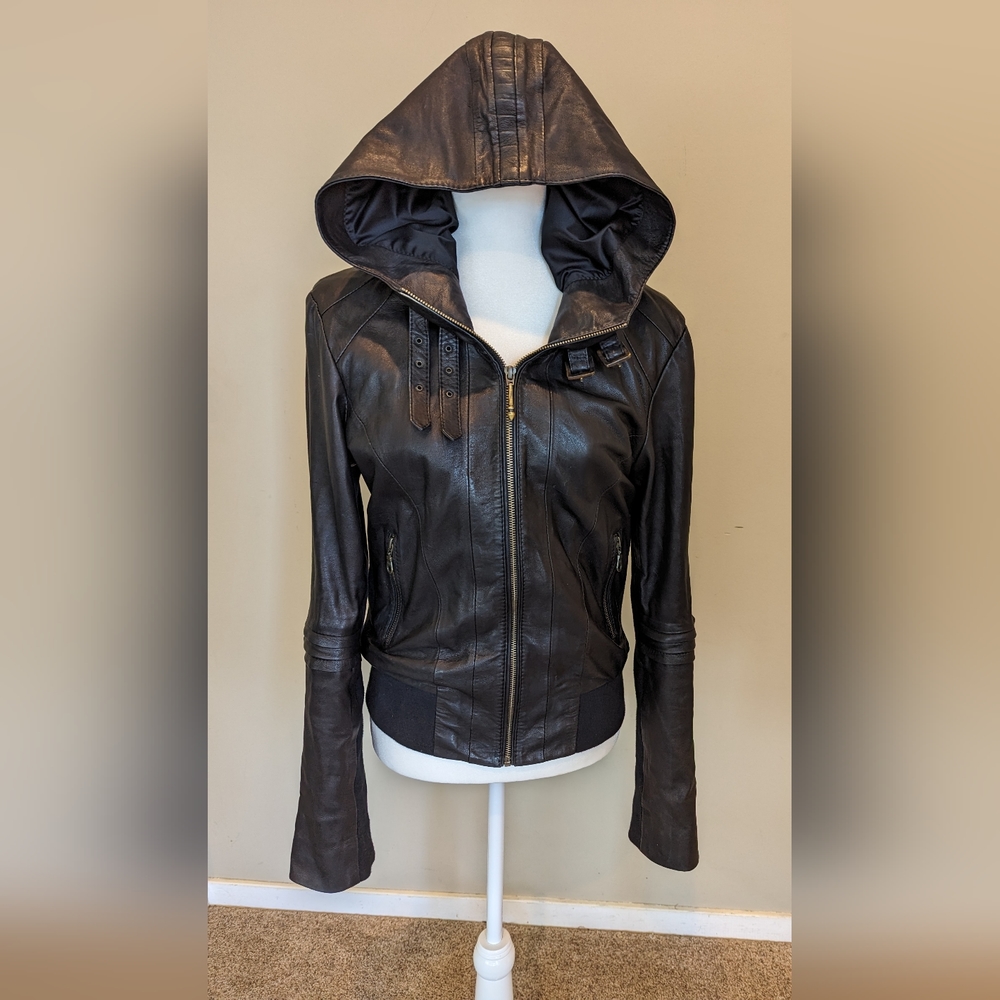 Jan Hilmer + Sparrow Women's Black Leather Jacket with Hood